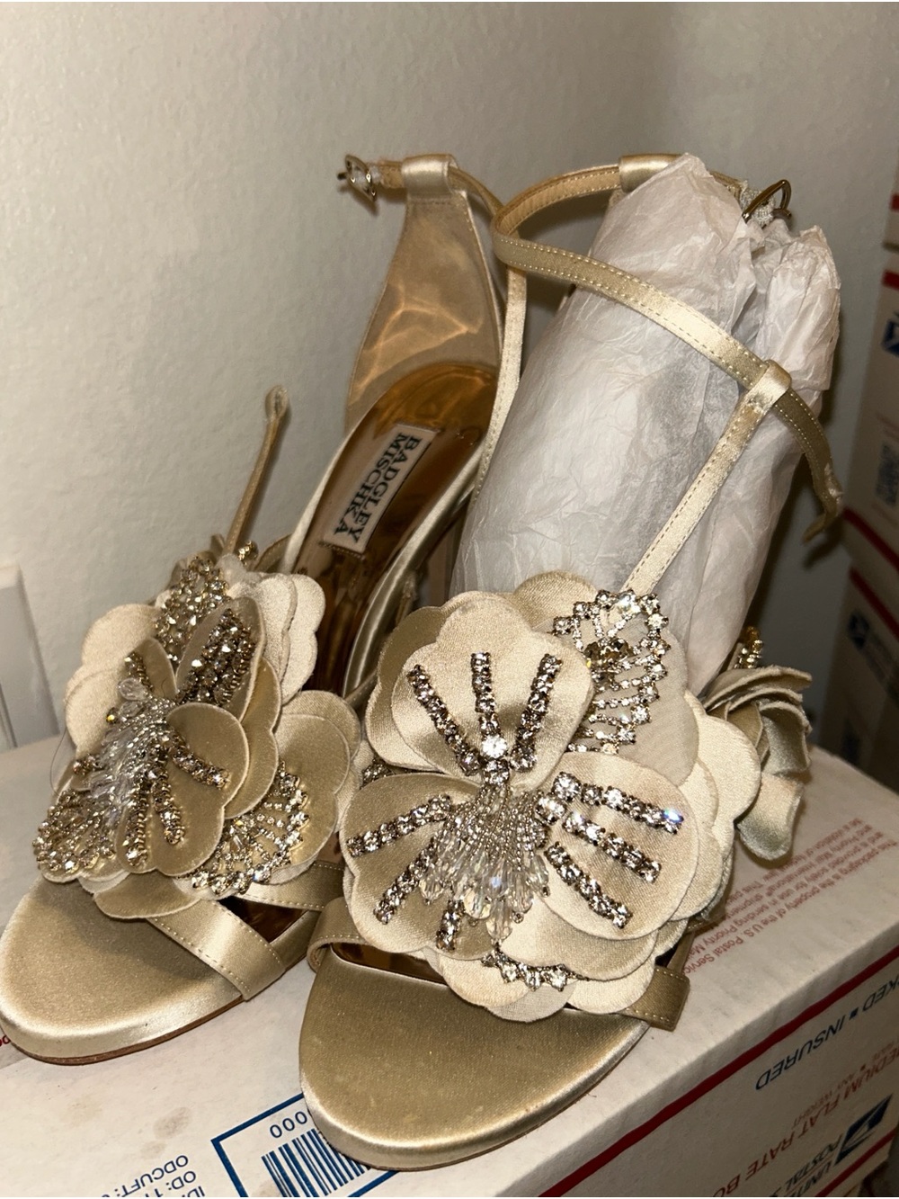 Badgley Mischka Gold Floral Embellished Heels